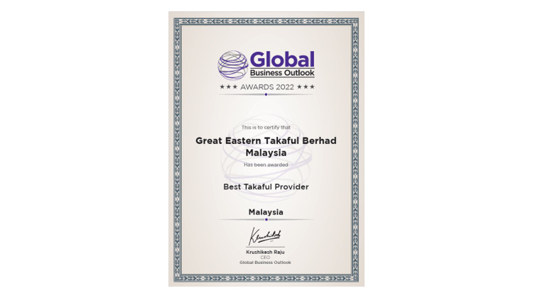 GETB has received certificate by the Global Business Outlook for Best Takaful Provider in Malaysia